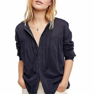 Free People Breezy Buttondown Hooded Shirt Women’s XS Navy 100% Cotton Oversized
